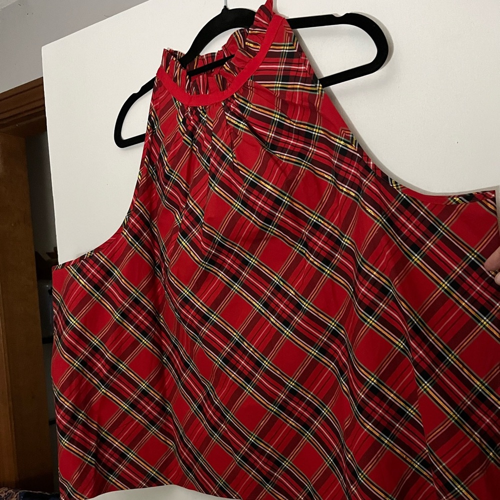 J.Crew 3x Red Plaid Ruffleneck Cotton Poplin Women's Sleeveless Blouse NWT